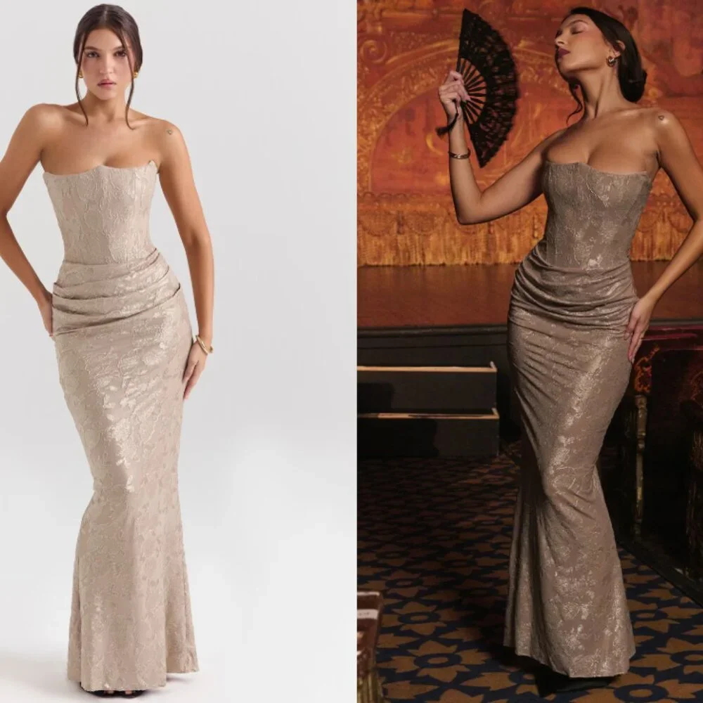 'Persephone' Pale Gold Chiffon Mesh Strapless Corset Maxi Dress